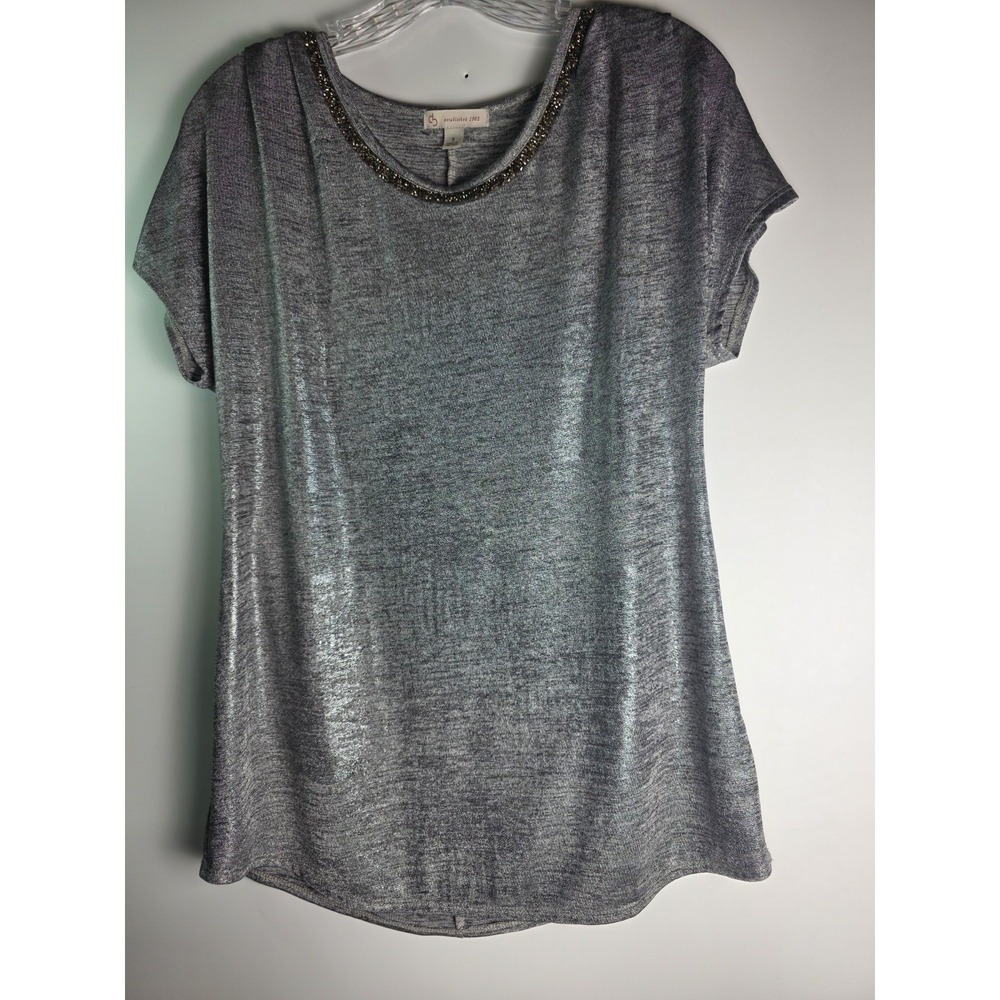 CB Established Women's Top Sz S Metallic Knit Layered Split-Back Short Sleeve